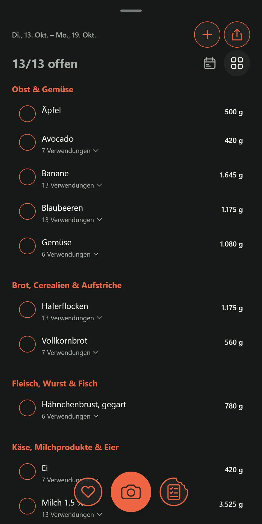 Original Kalomatik-Einkaufsliste; Beispieldaten