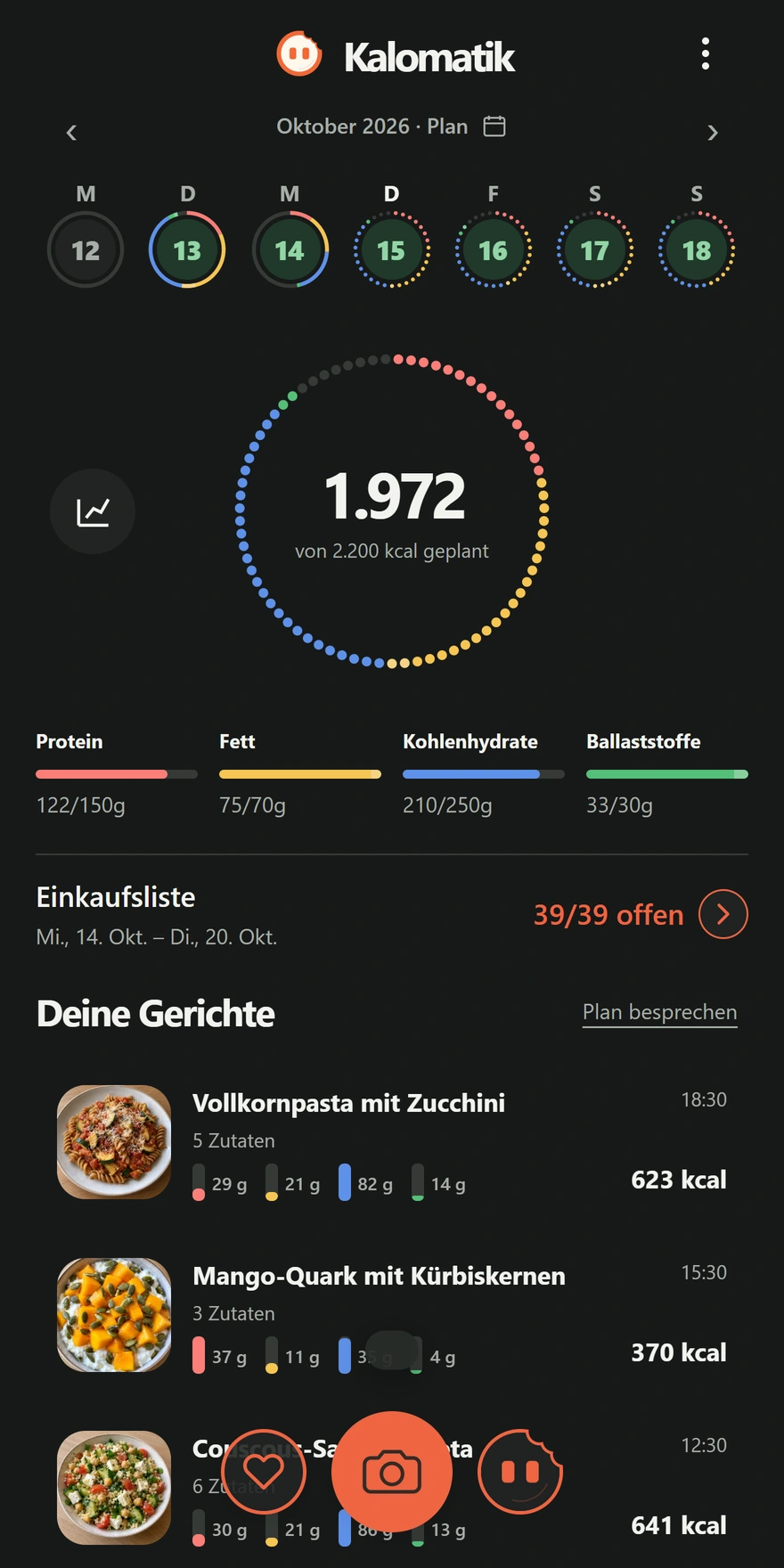 Original Kalomatik-Mahlzeitenplanung; Beispieldaten