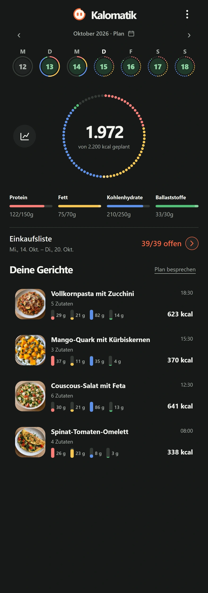 Original-Kalomatik: Gerichte für morgen mit der zugehörigen Einkaufsliste.